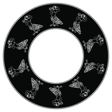 Abstract Round Design, Frame Or Texture With Silhouettes Of Fantastic Medieval Creatures. Half Bird Half Woman Siren. Black And White Hand Drawn Sketch.