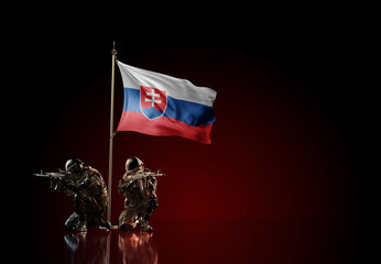 Concept of military conflict. Waving national flag of Slovakia. Illustration of coup idea. Two soldier statue guards defending the symbol of country against red wall