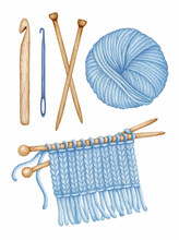 Watercolor Knitting, Crocheting Tool Set. Wooden Knitting Needles, Crochet Hook, Wool Yarn Skein, Knitted Fabric In Progress. Hand Drawn Elements Isolated For Handmade, Knitters Store, Label, Emblem