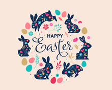 Happy Easter, Decorated Easter Card, Banner. Bunnies, Easter Eggs, Flowers And Basket. Folk Style Patterned Design. 