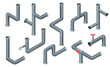 © the8monkey - Isometric pipes. Water tubes, pipeline with valve. Oil, gas industry tube construction. Plastic plumbing system 3d vector isolated set. Pieces of pipes