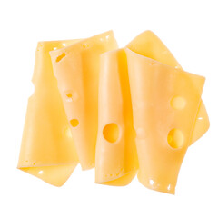 Wall Mural - cheese slices isolated on white background. Top view. Flat lay. Cheese slice in air, without shadow.