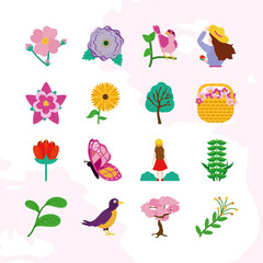 Poster - spring flowers and related icons set, colorful design