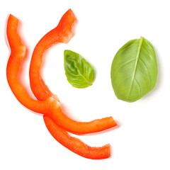 Wall Mural - red pepper slices with basil leaves isolated on white background cutout. Top view, flat lay.