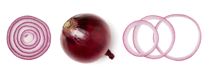 Sticker - red onion slices isolated on white background cutout, top view