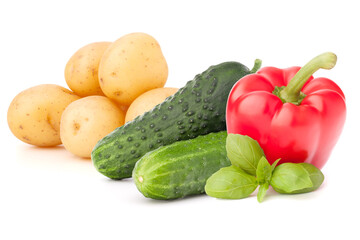 Sticker - Isolated vegetables. Sweet bell pepper, potatoes and cucumber isolated on white background.