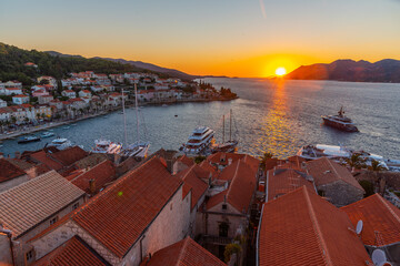 Wall Mural - Sunset view of rooftops in Korcula, Croatia