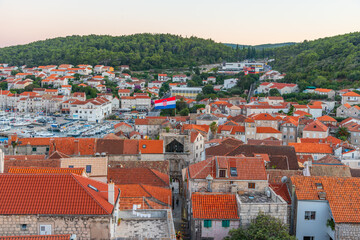 Wall Mural - Sunset view of rooftops in Korcula, Croatia