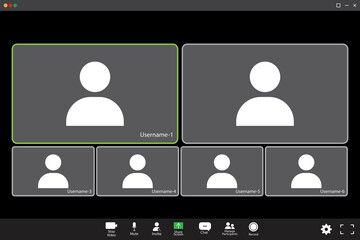 Poster - Video chat interface. Zoom, great design for any purposes. Six participants. One active participant. Video chat interface. Stock image. EPS 10.