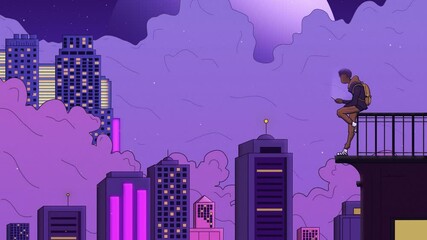 2d animation, anime boy looks at his mobile on top of a building. purple fantasy city in the backgro