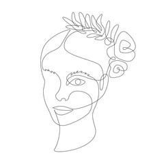 Poster - Beautiful woman face with rose flower and foliage. Continuous one line drawing. A minimalist portrait in line art. Vector illustration