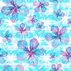  Fresh summer seamless pattern in soft blue colors. Tropical beach print with palm trees and exotic flowers. 