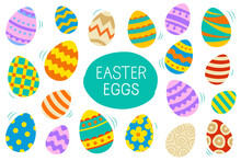 Easter Eggs Set Doodle And Color Style. Happy Easter Colorful Flat Design Isolated On White Background.