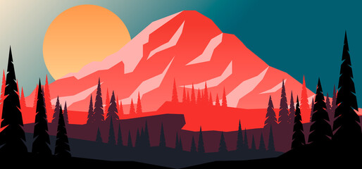 Wall Mural - Cartoon mountain landscape with fir trees  in flat style. Design element for poster, card, banner, flyer. Vector illustration