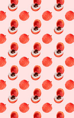 Wall Mural - Fruit pattern. Colorful of fresh Lychee fruit texture on light pink background. From top view. Photography collage. Minimal summer fruits pattern for blog or recipe book.