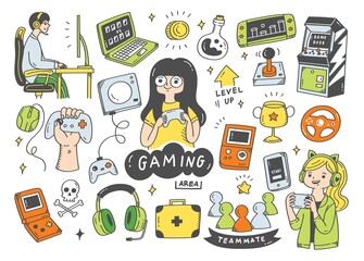 Set of video game doodle vector illustration