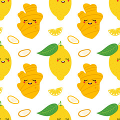 Wall Mural - Cute cartoon style vector ginger and lemon characters vector seamless pattern background.