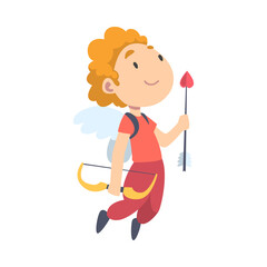 Poster - Cute Happy Cupid Boy Flying with Wings, Joyful Funny Kid Angel Dressed Red Clothes Shooting with Bow and Arrow Cartoon Style Vector Illustration