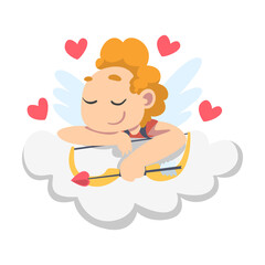 Poster - Cute Happy Cupid Boy with Wings Sleeping on Cloud, Lovely Kid Angel Character Cartoon Style Vector Illustration