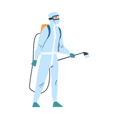 Wall Mural - Man in Protective Antiviral Suit Spraying Disinfectant, Preventive Measures against Spread of Coronavirus Disease Cartoon Style Vector Illustration