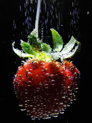 Wall Mural - strawberries in water bubbles on a black background