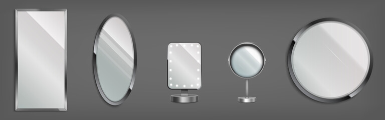 Poster - 3d mirrors, make up table and wall decorative glasses in round, oval and rectangular frames. Makeup or interior furniture reflecting glass surfaces. Realistic vector templates, isolated icons set