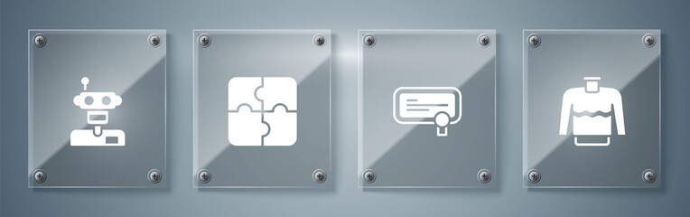 Poster - Set Sweater, Certificate template, Piece of puzzle and Robot. Square glass panels. Vector.