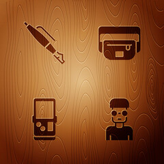 Poster - Set Nerd geek, Fountain pen nib, Tetris and Waist bag of banana on wooden background. Vector.