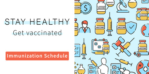 Coronavirus vaccine web banner. Stay healthy. Health care concept web page, layout, template. Vaccine development process stages color icons set. Linear vector illustrations collection