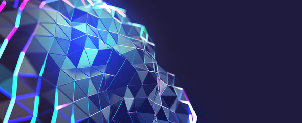 Poster - AI and computer brain. High technology, digital big data concept. Neural network, blockchain cloud technologies. Colorful 3D illustration of polygonal network, cybersecurity and internet business