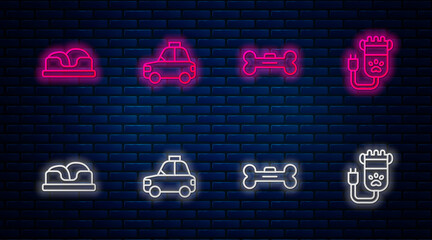 Sticker - Set line Pet car taxi, Dog bone, bed and Hair clipper pet. Glowing neon icon on brick wall. Vector.