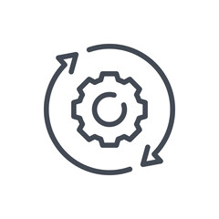 Poster - Working process, Operations and Workflow line icon. Gear with rotating arrows vector outline sign.