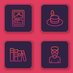 Poster - Set line Card game, Book, Man hat and Nerd geek. Blue square button. Vector.