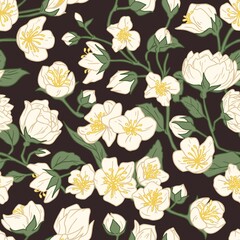 Aufkleber - Seamless pattern of blossomed jasmine flowers on dark background. Design of floral repeatable backdrop for printing. Elegant flowery texture. Hand-drawn colored vector illustration