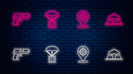 Poster - Set line Airdrop box, Target sport, Pistol gun and Military barracks. Glowing neon icon on brick wall. Vector.