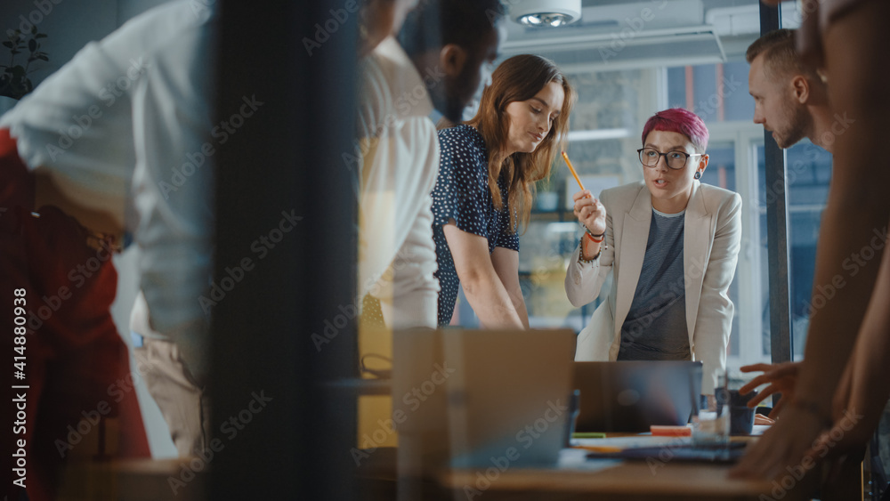 Diverse Team of Professional Businesspeople Meeting in the Office Conference Room. Creative Team Around Table, Specialist with Short Pink Hair Speak for Marketing Compain, Social Media Strategy - obrazy, fototapety, plakaty 