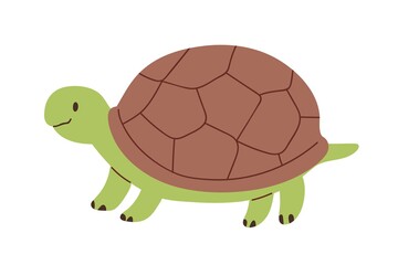 Cute and funny green turtle with brown shell. Side view of happy tortoise character standing isolated on white background. Childish colored flat vector illustration