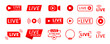Collection of live streaming icons. Buttons for broadcasting, livestream or online stream. Template for tv, online channel, live breaking news, social media