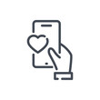 Online feedback and Rating line icon. Mobile phone with hand and heart vector outline sign.