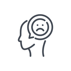 Poster - Negative feedback line icon. Head with chat message and sad face vector outline sign.