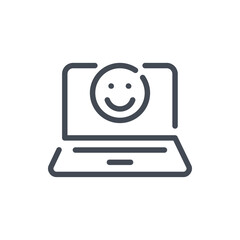 Poster - laptop with happy face line icon. online positive feedback vector outline sign.
