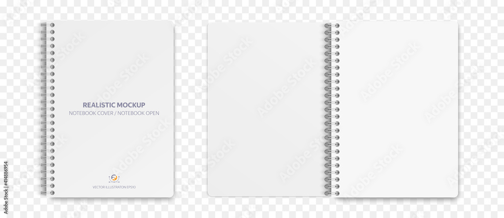 Realistic notebook mockup, notepad with blank cover and spread for your design. Realistic copybook with shadows isolated on transparent background. Vector illustration EPS10. - obrazy, fototapety, plakaty 