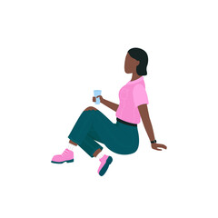 Poster - African american woman on picnic flat color vector faceless character. Girl sit on ground, drink from cup. Spring outdoor activity isolated cartoon illustration for web graphic design and animation