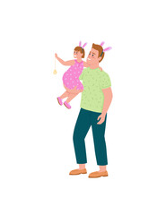 Poster - Happy father and daughter celebrating easter flat color vector detailed characters. Dad, child in bunny ears. Spring holiday isolated cartoon illustration for web graphic design and animation
