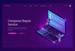 © klyaksun - Computer repair service isometric landing page, tiny workers with ladder climb at huge laptop with error notification on screen, pc fixing, broken electronics device maintenance 3d vector web banner