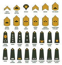 US Army Enlisted Ranks Chevrons And Insignia. America Military Service Soldiers, Officers And Command Shoulder Marks. Private, Sergeant And General, Captain, Lieutenant And Major Rank Slides Vector