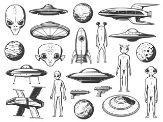 aliens, extraterrestrial spaceships and planets engraved icons set. alien life forms, humanoid creat