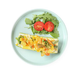 Plate of baked stuffed zucchini on white background, top view