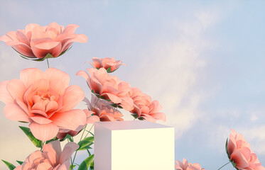 Wall Mural - Natural beauty podium backdrop for product display with pink rose flower. 3d render.