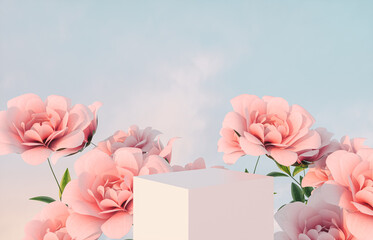 Poster - Natural beauty podium backdrop for product display with pink rose flower. 3d render.